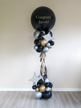 Load image into Gallery viewer, 7 ft Graduation Balloon Column – Black, Gold &amp; Silver| Ready-to-Party &amp; Custom Sticker
